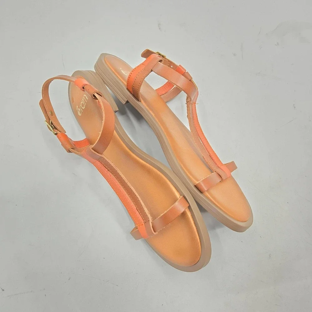 Eram Sandals women's 38‎ Brown Orange Leather T-Strap Made in Italy Buckle